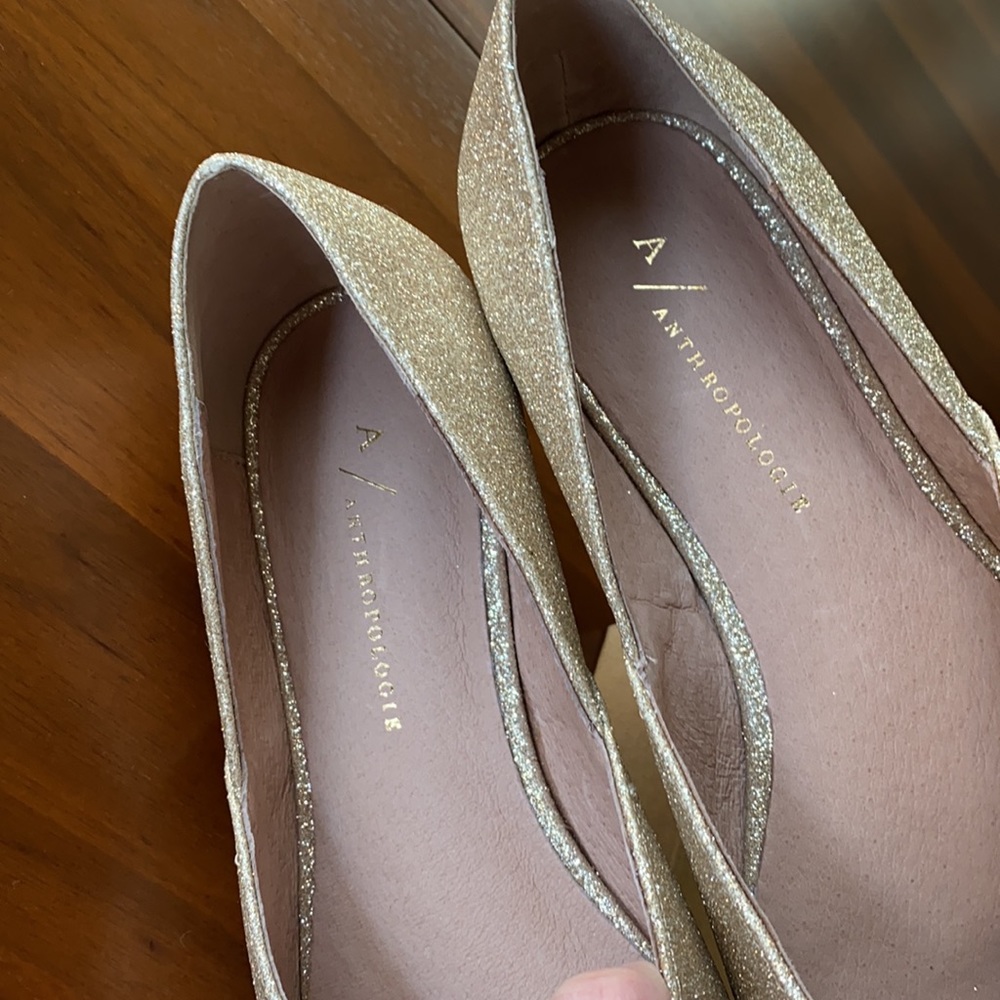 Anthropologie Gold Glitter Flats with Cream Bow - Picture 6 of 12
